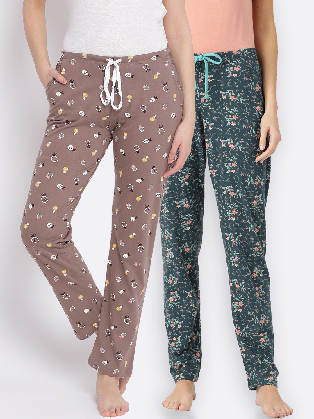 

Kanvin Women Pack Of 2 Printed Pure Cotton Lounge Pants, Taupe