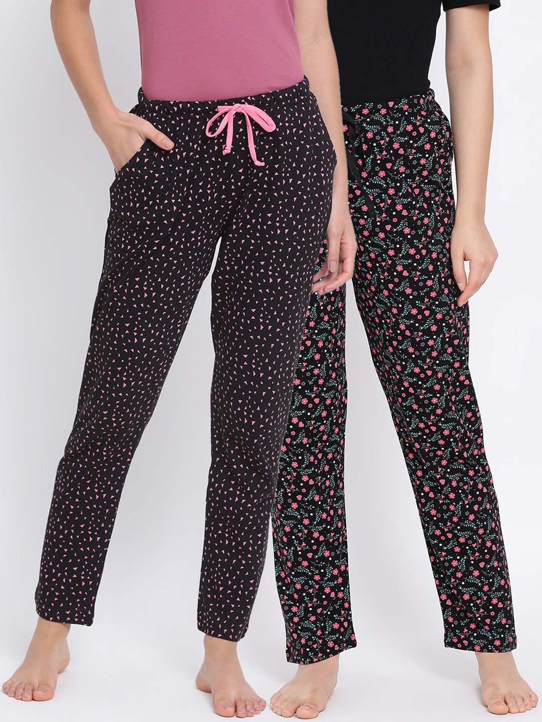 

Kanvin Women Pack Of 2 Printed Pure Cotton Lounge Pants, Black