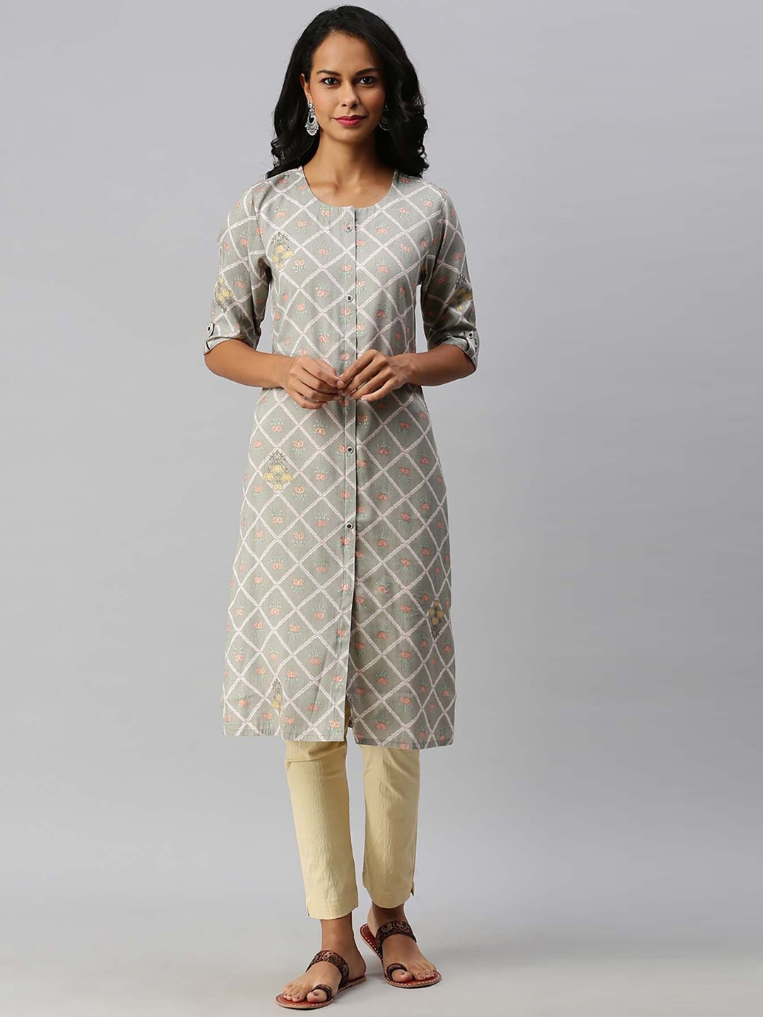 

Soch Women Grey Geometric Checked Keyhole Neck Thread Work Anarkali Kurta