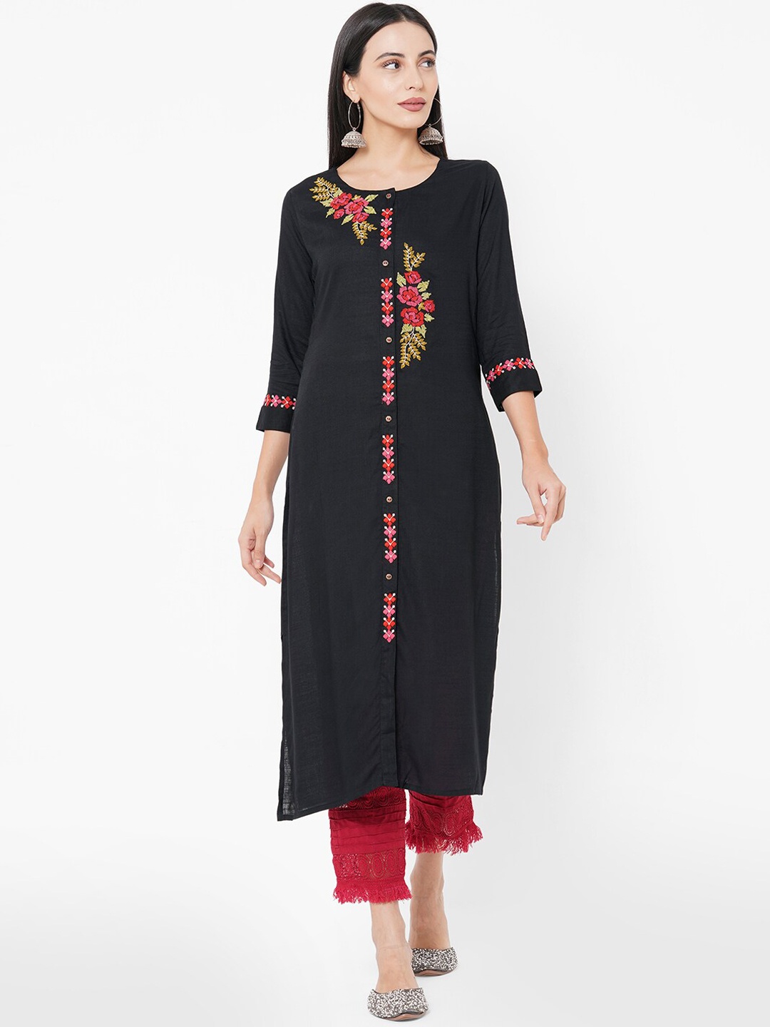 

FASHOR Women Black Thread Work Kurta