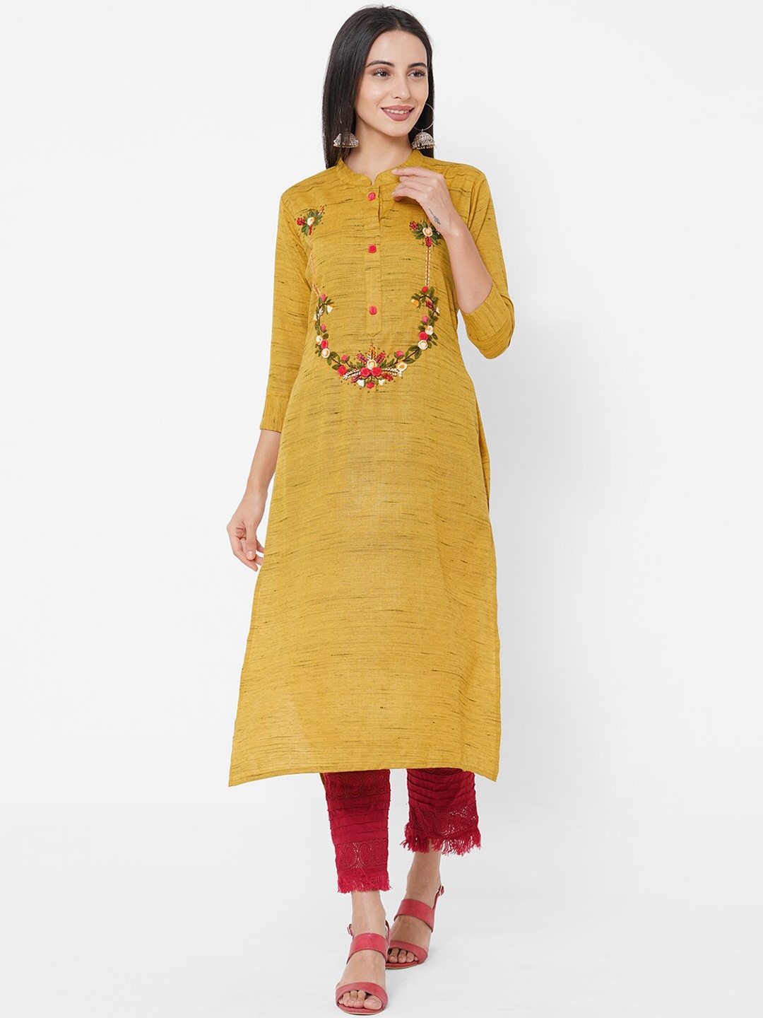 

FASHOR Women Mustard Yellow & Fluorescent Green Floral Embroidered Thread Work Kurta