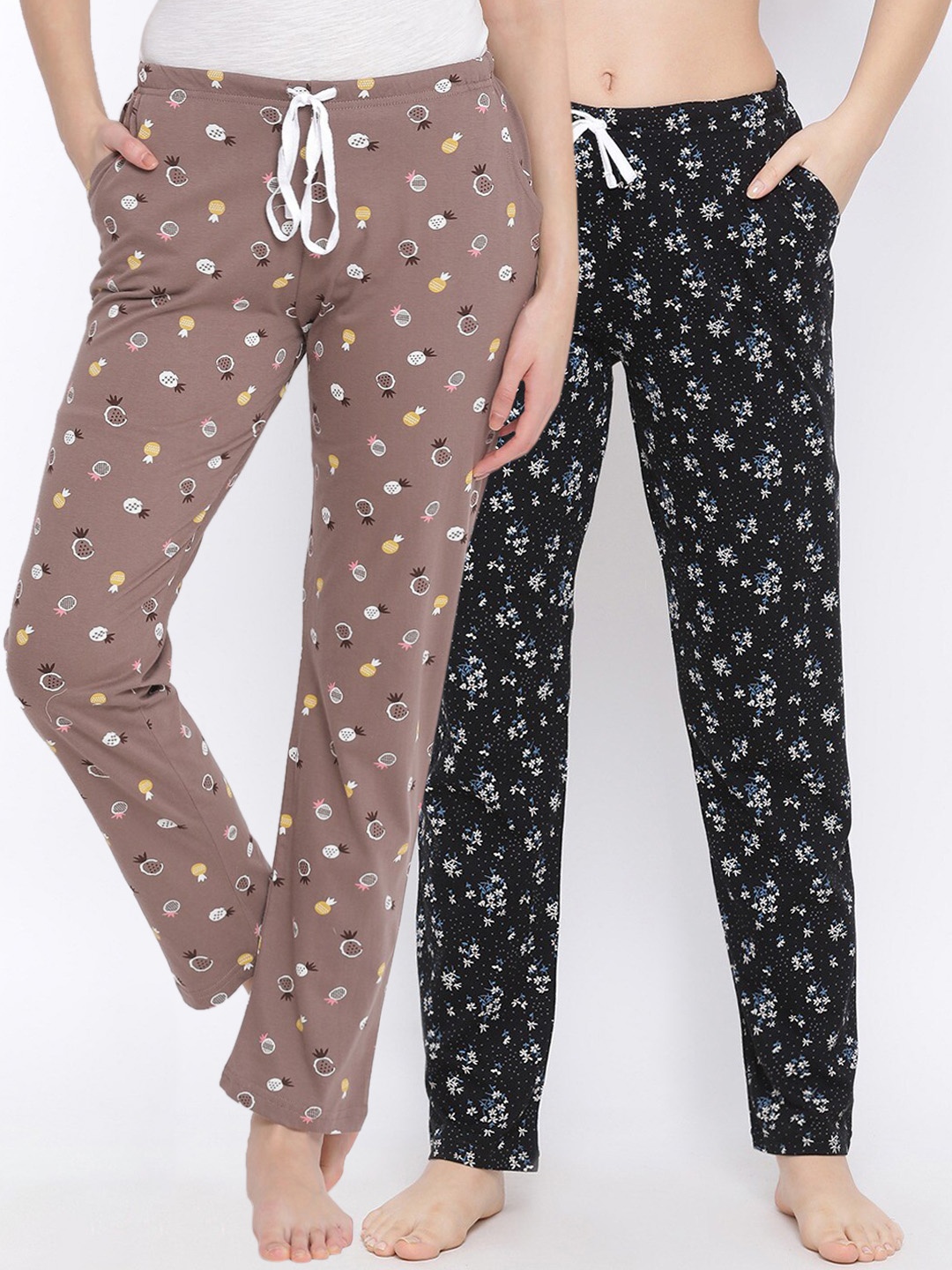 

Kanvin Women Pack Of 2 Printed Pure Cotton Lounge Pants, Brown