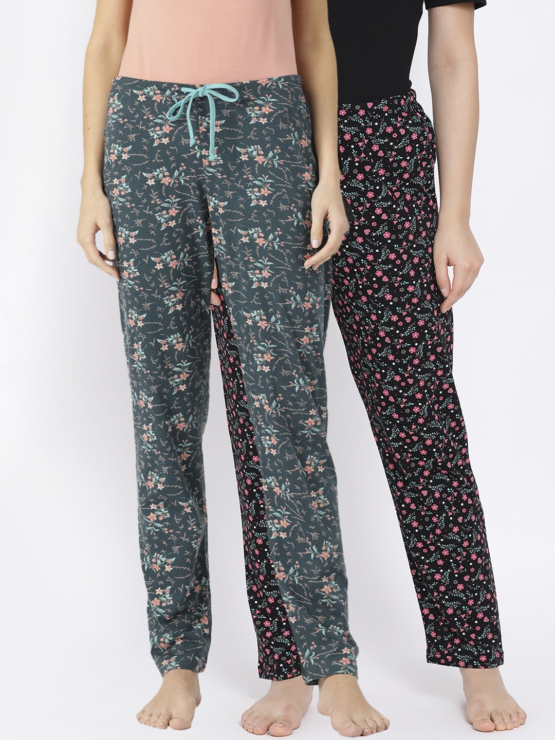 

Kanvin Women Pack Of 2 Printed Pure Cotton Lounge Pants, Black