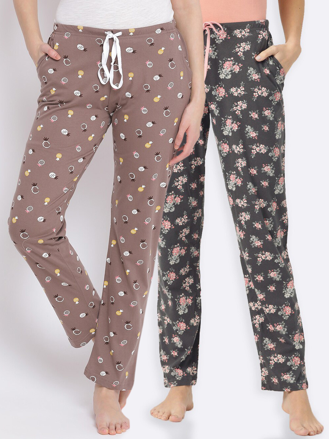 

Kanvin Women Pack Of 2 Printed Pure Cotton Lounge Pants, Brown