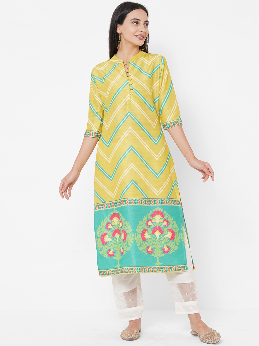 

FASHOR Women Lime Green & Blue Geometric Printed Kurta