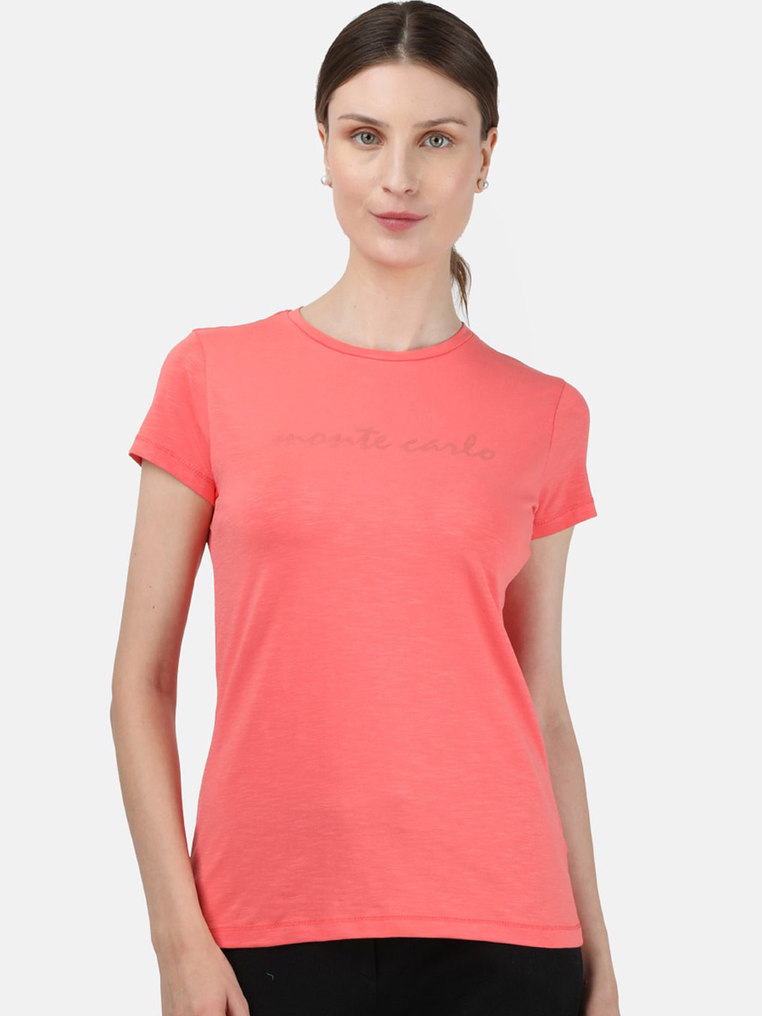 

Monte Carlo Women Coral Pink Printed Round Neck T-shirt