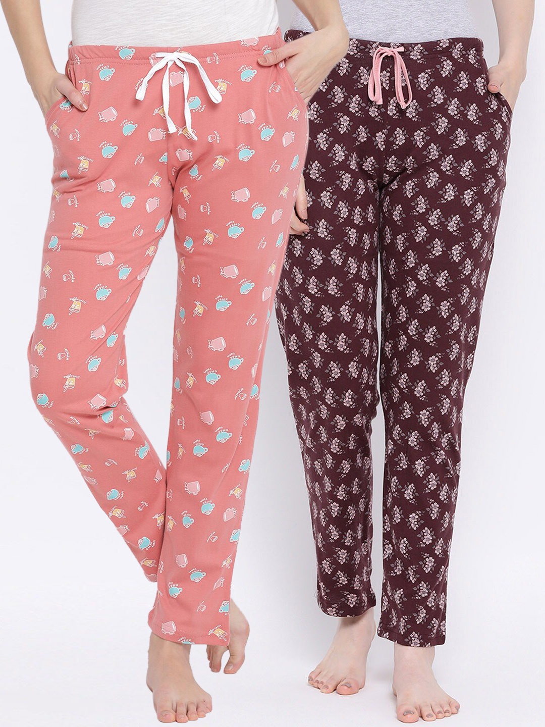 

Kanvin Women Pack Of 2 Printed Pure Cotton Lounge Pants, Coral