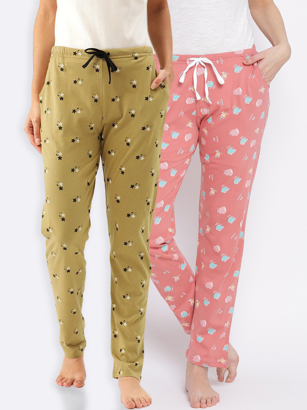 

Kanvin Women Pack Of 2 Printed Pure Cotton Lounge Pants, Orange