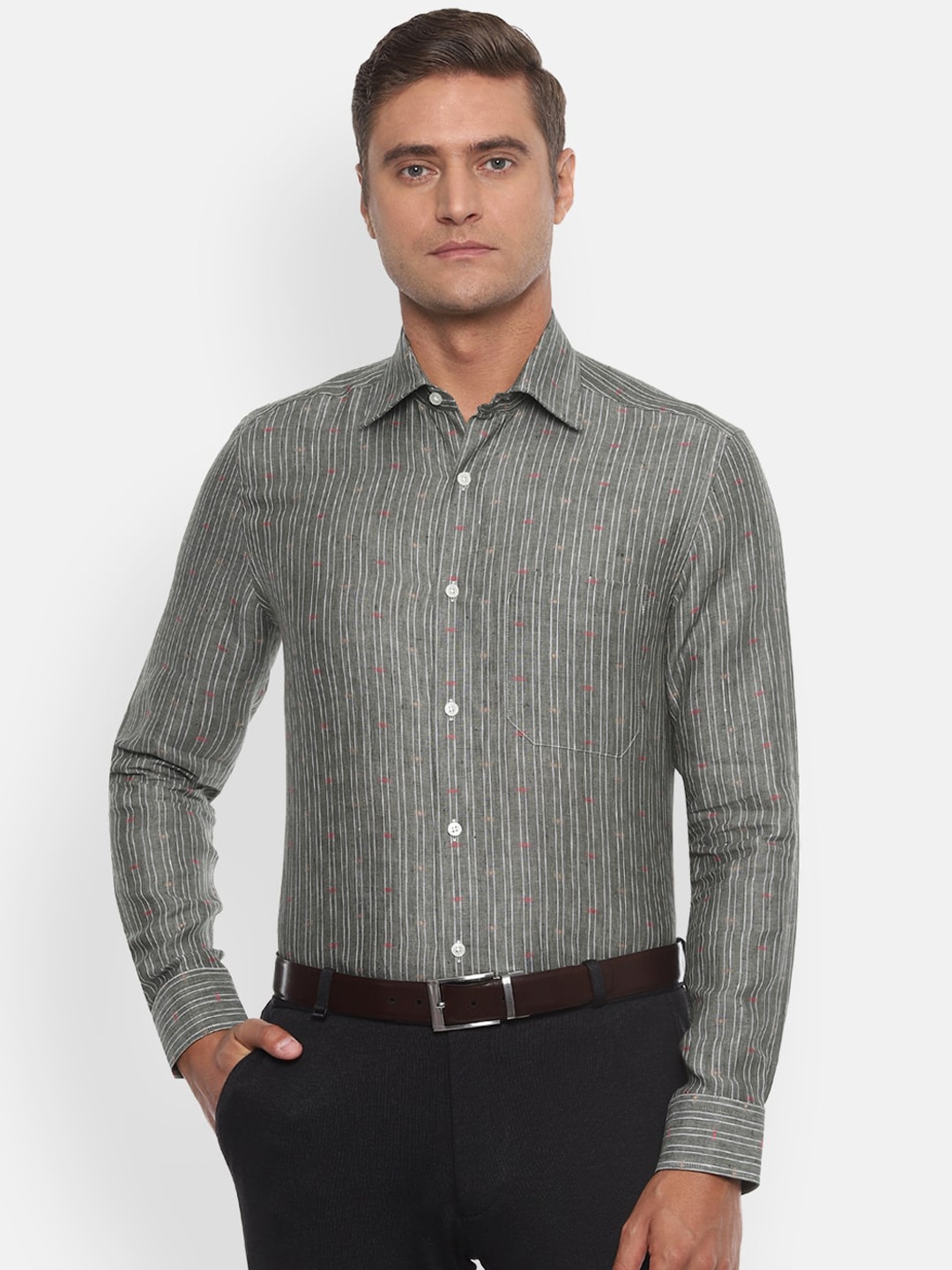 

Louis Philippe Men Olive Green Regular Fit Striped Casual Linen Shirt