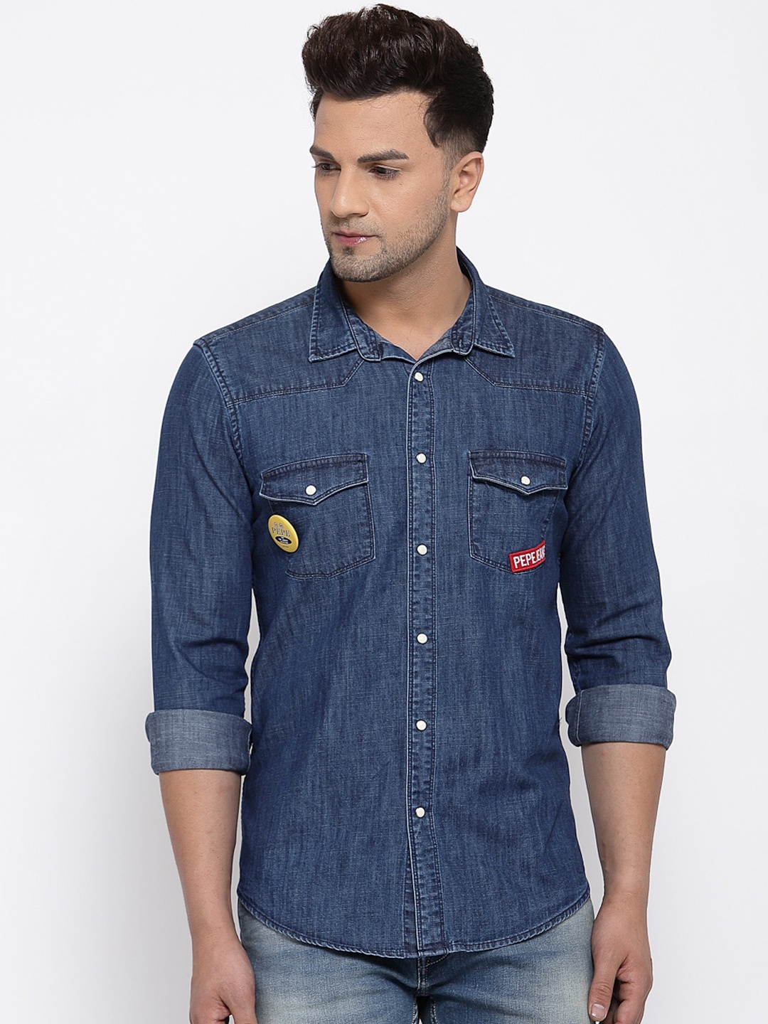 

Pepe Jeans Men Blue Solid Denim Pure Cotton Casual Shirt