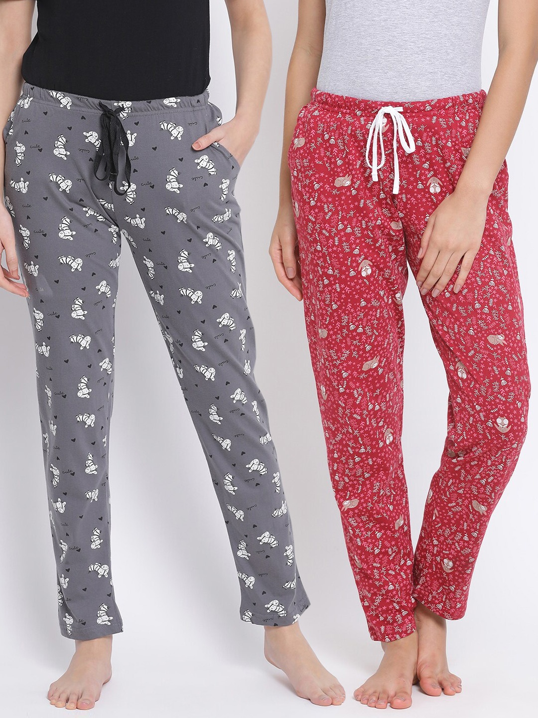 

Kanvin Women Pack of 2 Printed Pure Cotton Lounge Pants, Grey