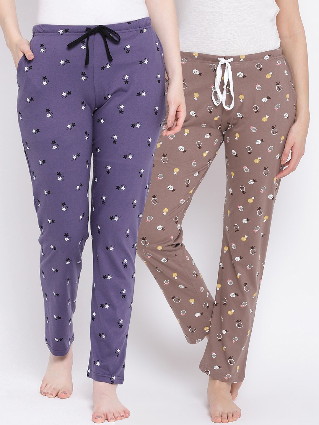 

Kanvin Women Pack Of 2 Printed Pure Cotton Lounge Pants, Brown