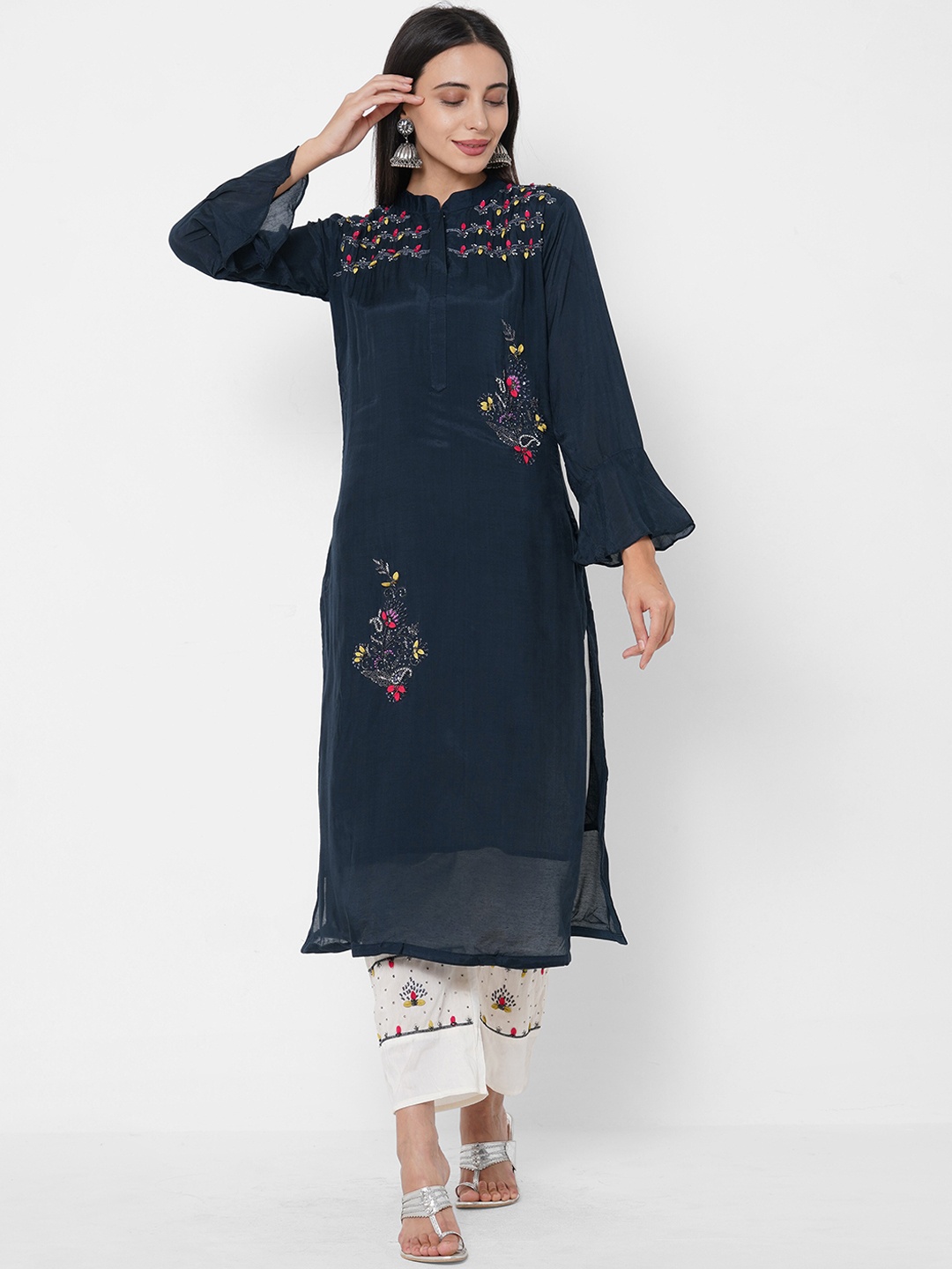 

FASHOR Women Navy Blue Embroidered A-Line Keyhole Neck Kurta With Trousers