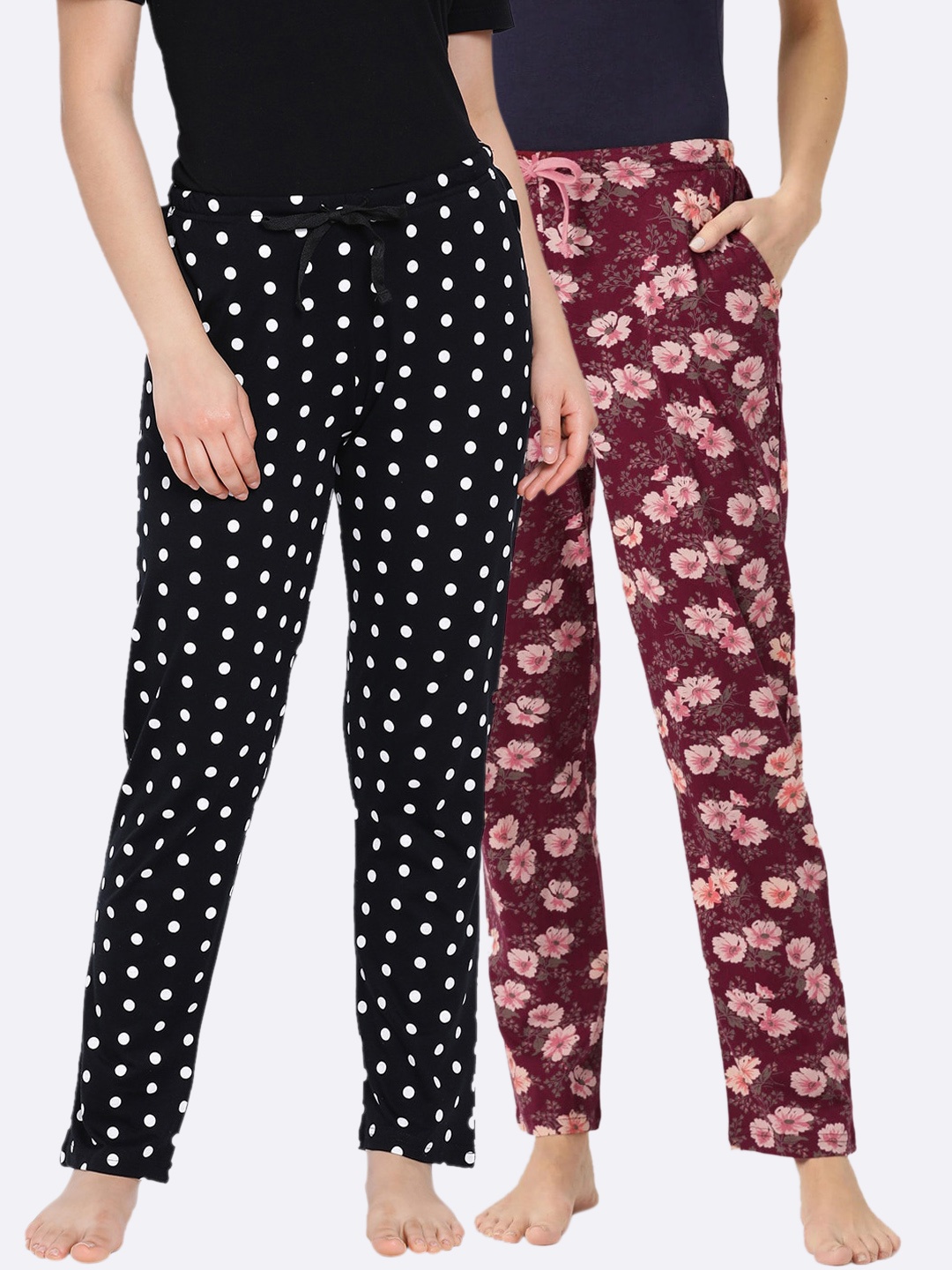 

Kanvin Women Pack Of 2 Printed Pure Cotton Lounge Pants, Black