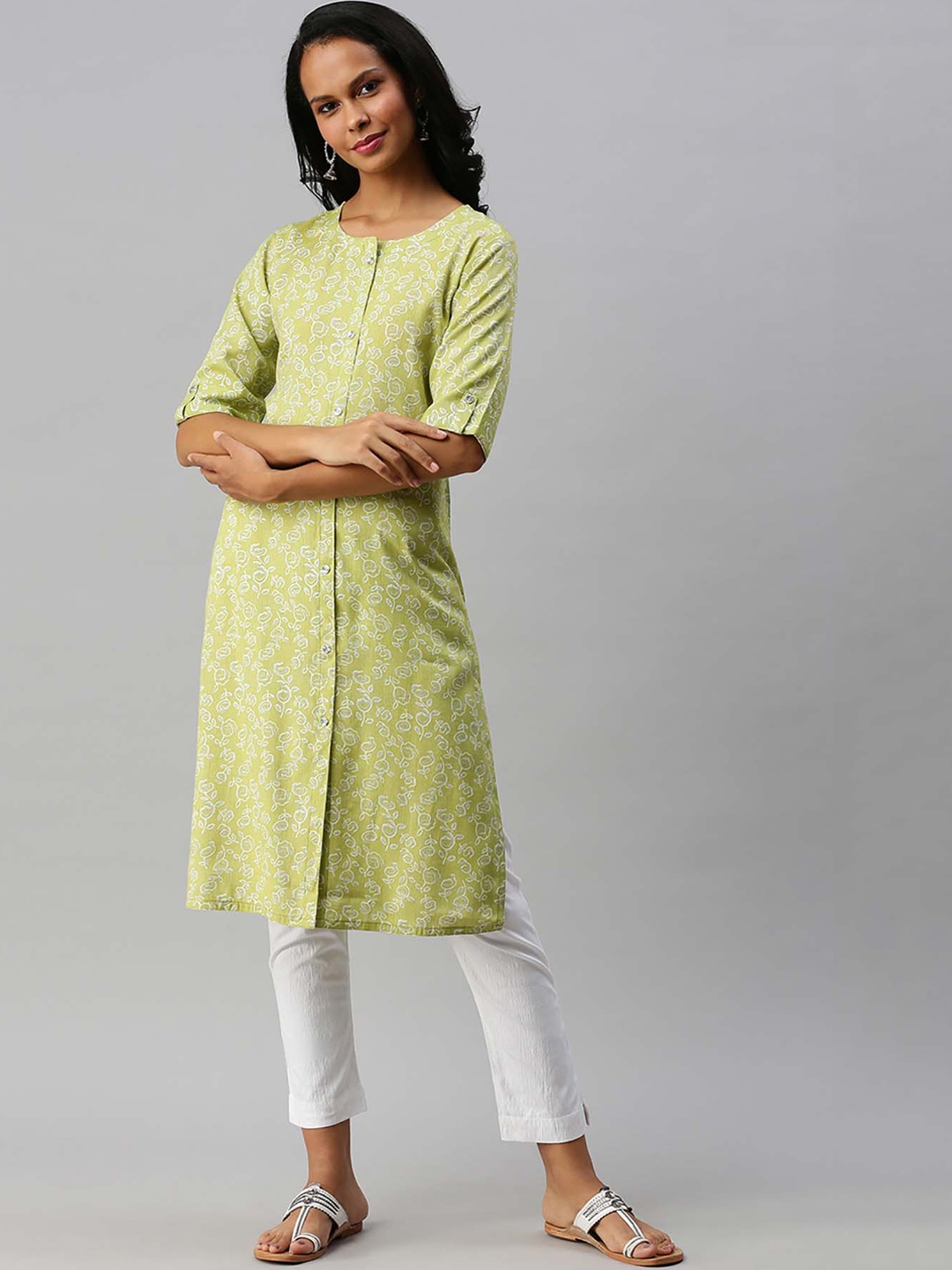 

Soch Women Green & White Floral Printed Floral Cotton Kurta