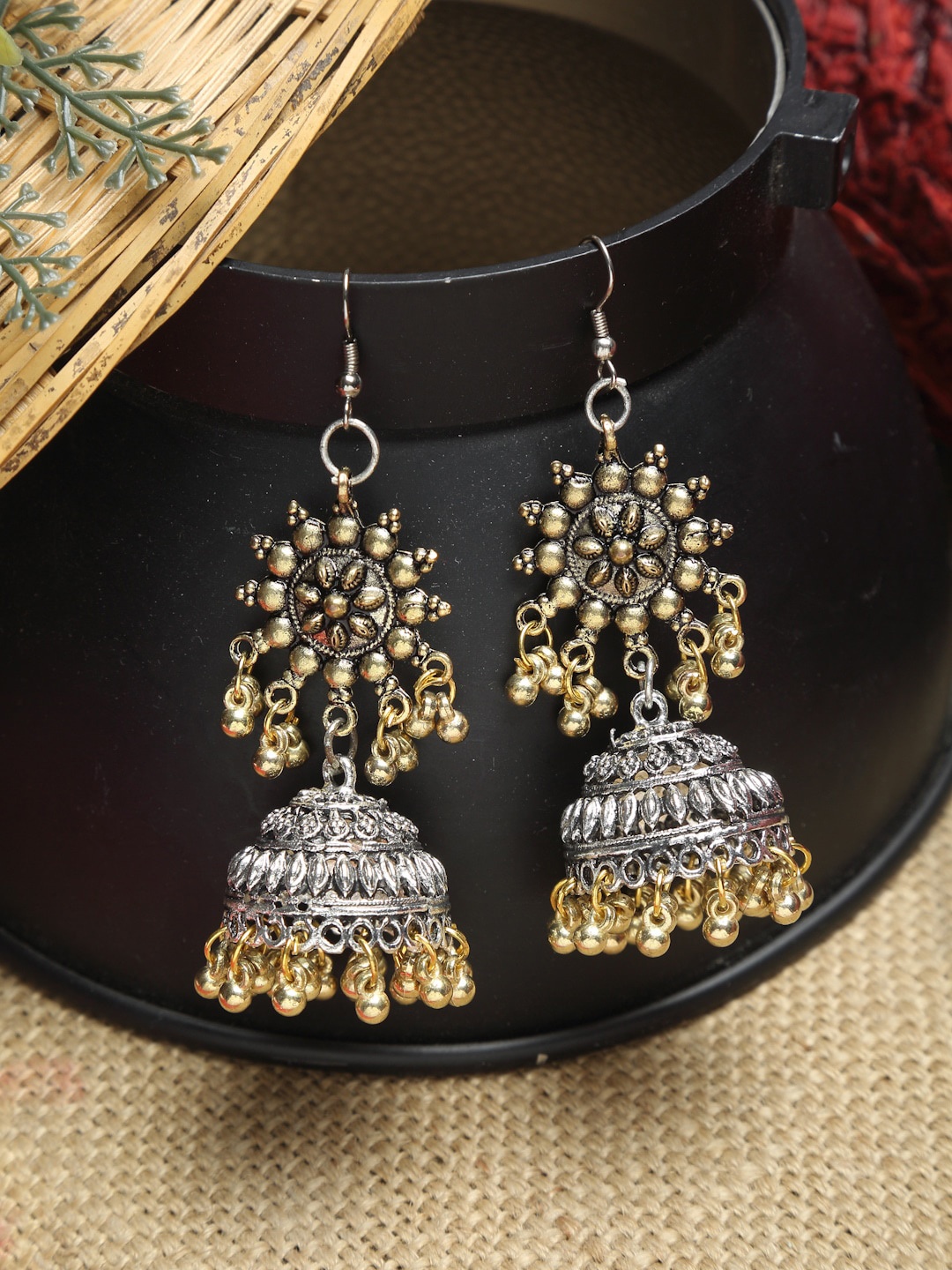 NEUDIS Gold and Silver Toned Contemporary Jhumkas