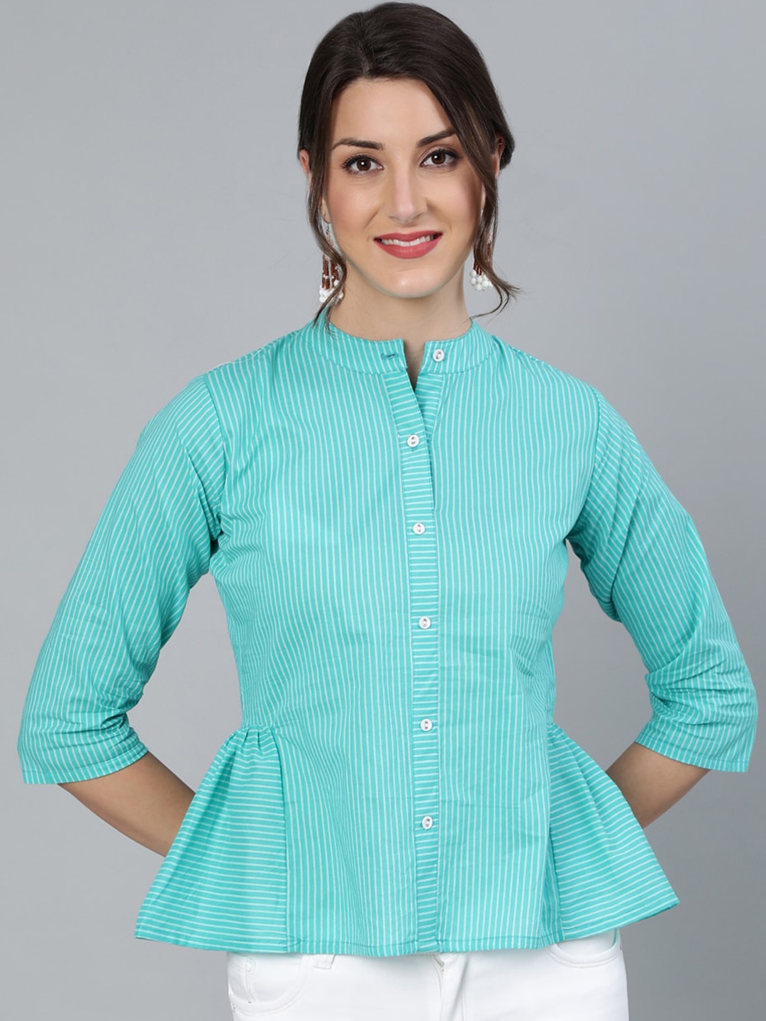 

Nayo Women Green Striped Mandarin Collar Peplum Top