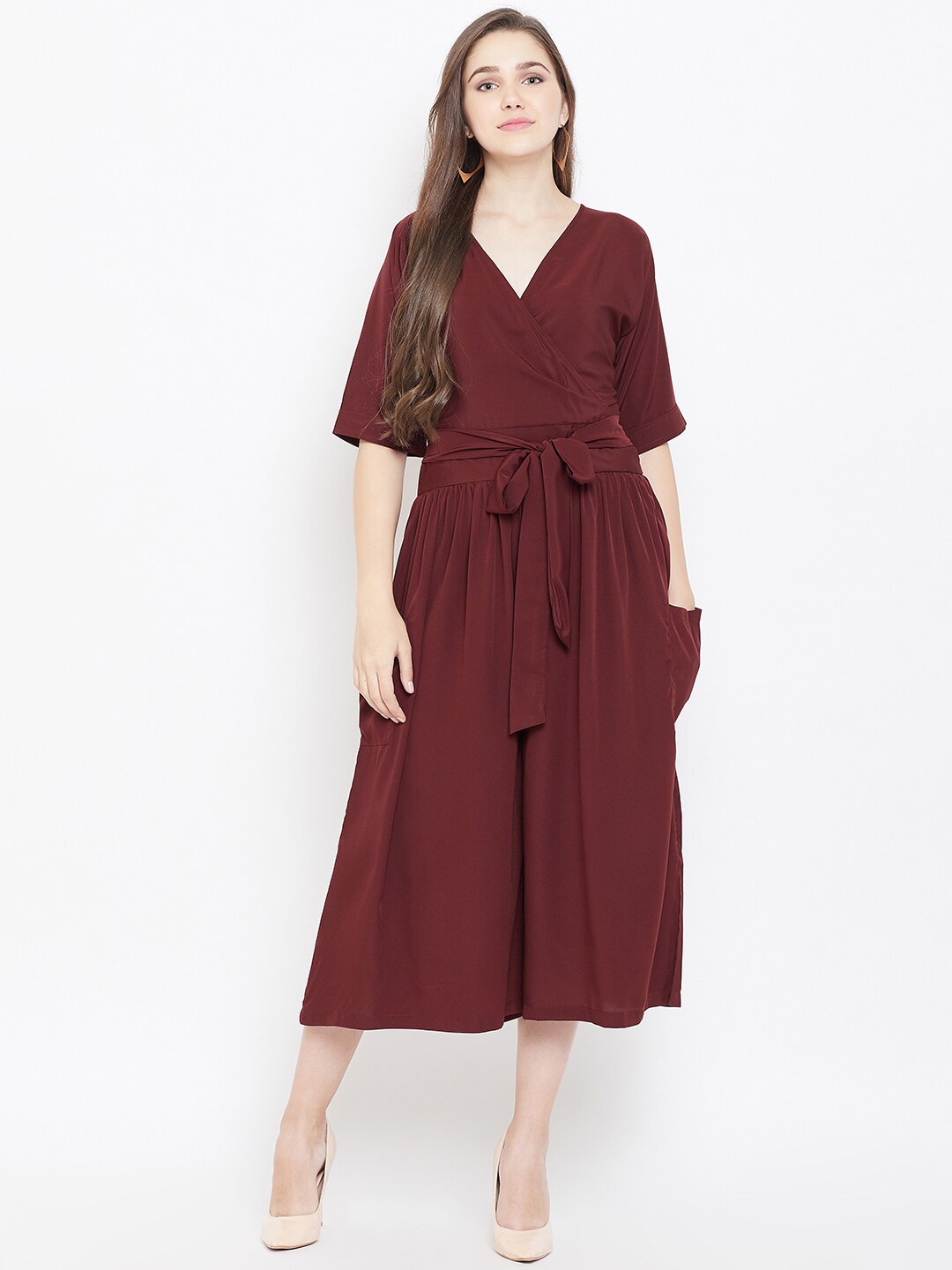 

Cottinfab Women Maroon Solid Wrap Culotte Jumpsuit