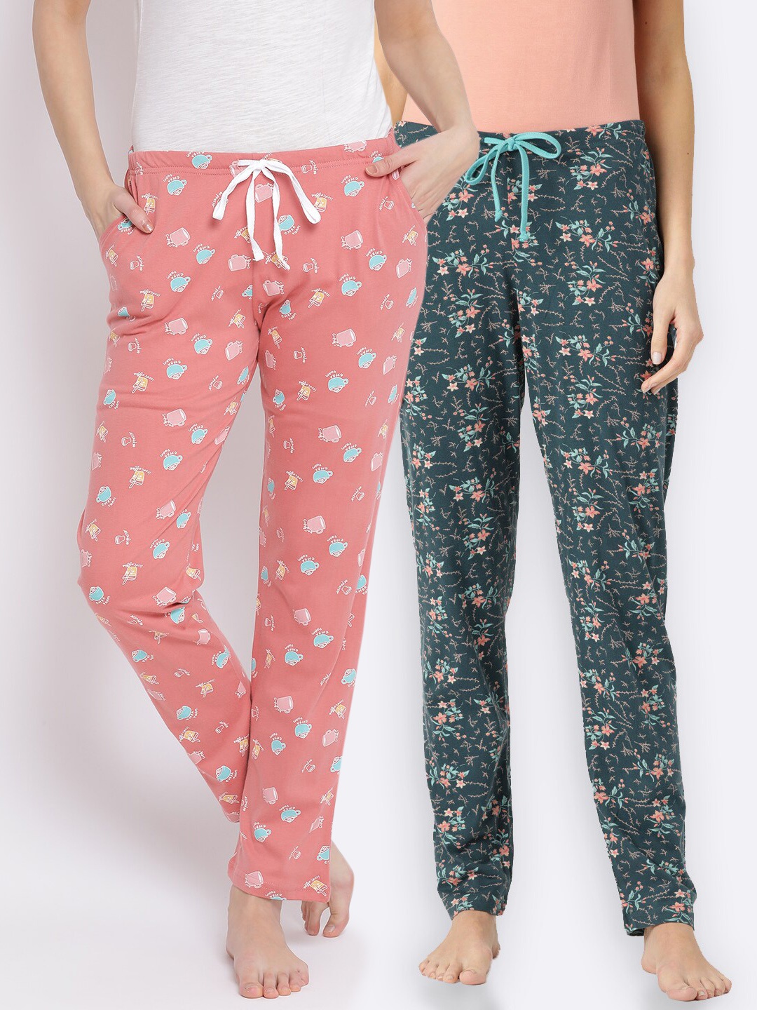 

Kanvin Women Pack Of 2 Printed Pure Cotton Lounge Pants, Coral