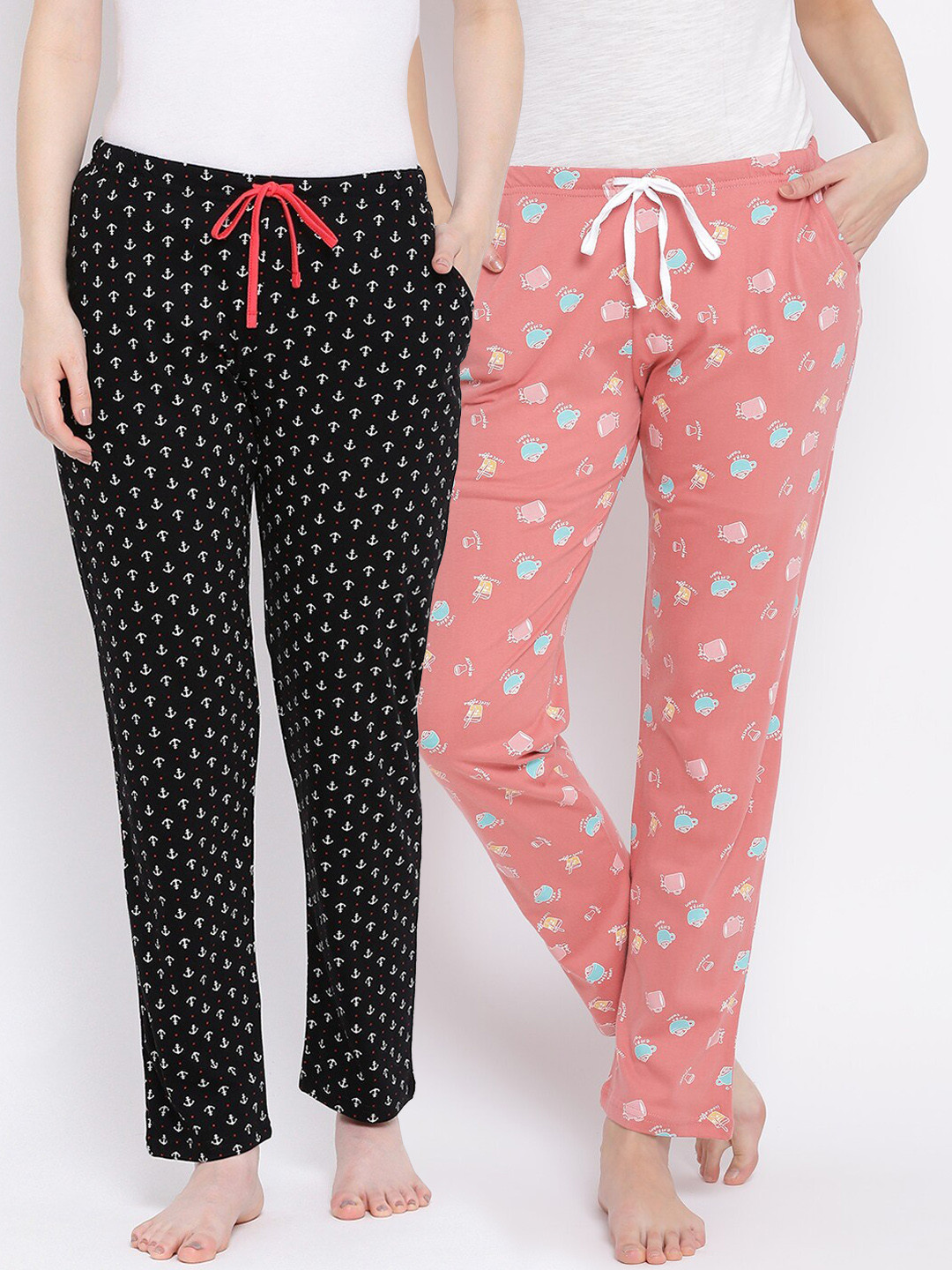 

Kanvin Women Pack Of 2 Printed Pure Cotton Lounge Pants, Coral