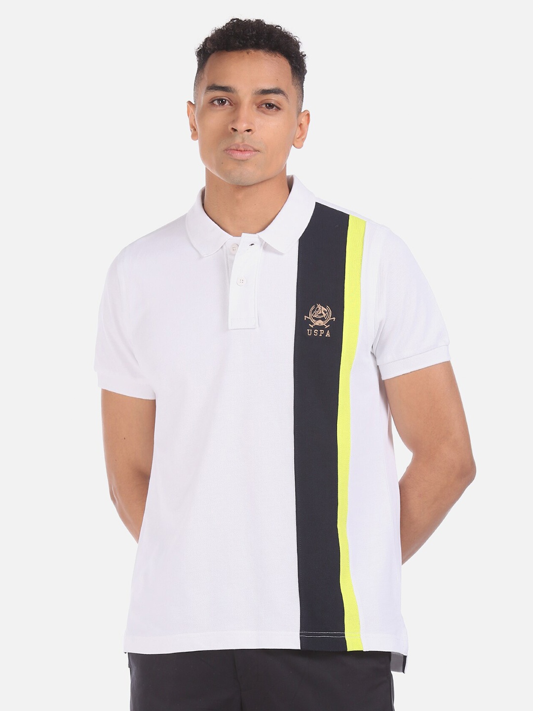 

U.S. Polo Assn. Men White Black Striped Pure Cotton Polo Collar Pure Cotton T-shirt