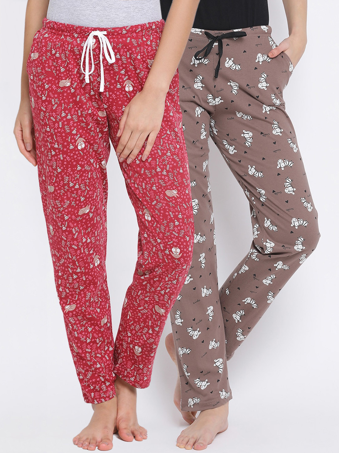 

Kanvin Women Pack of 2 Printed Pure Cotton Lounge Pants, Brown