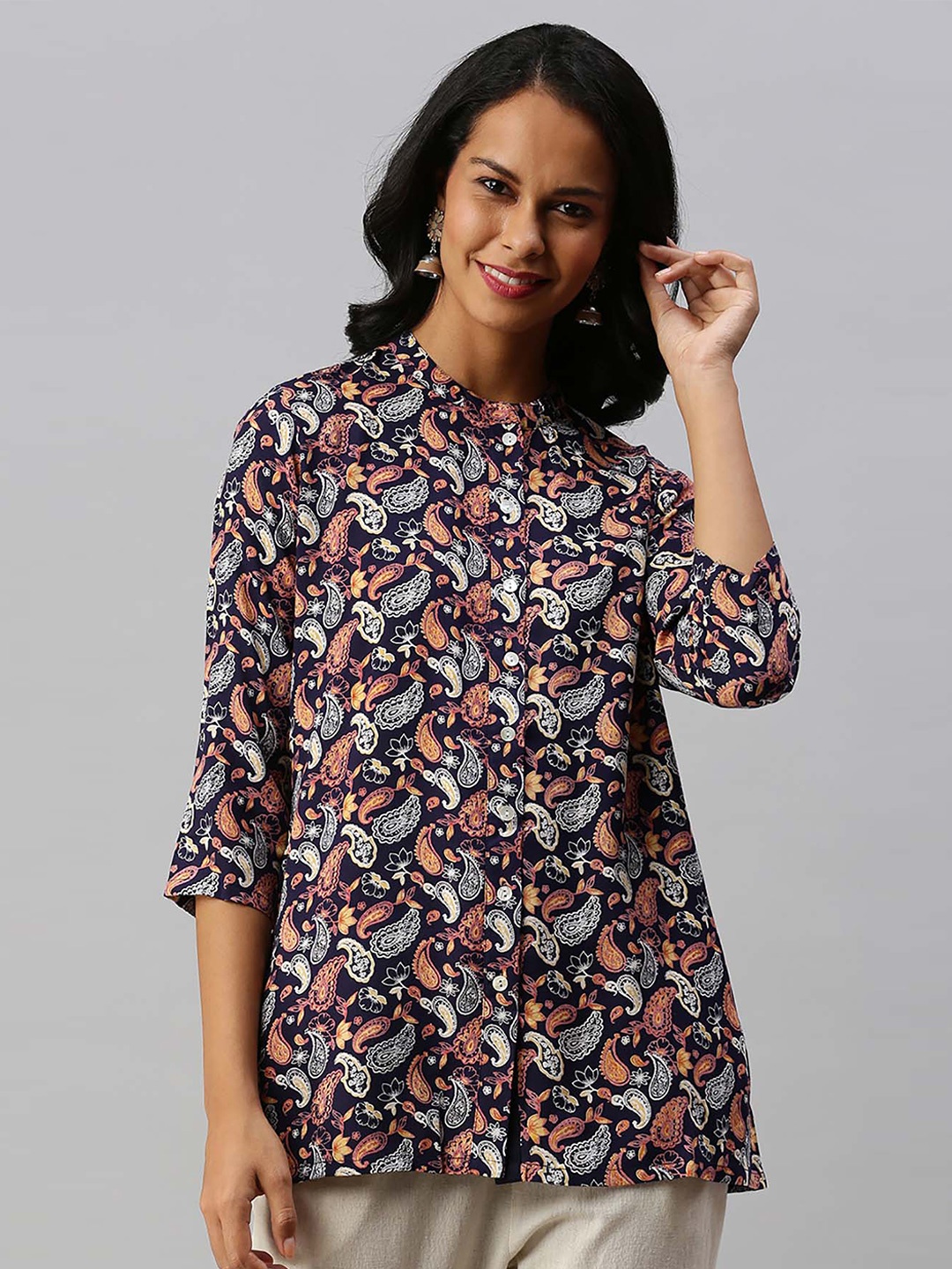 

Soch Navy Blue & Pink Mandarin Collar Printed Cotton Tunic