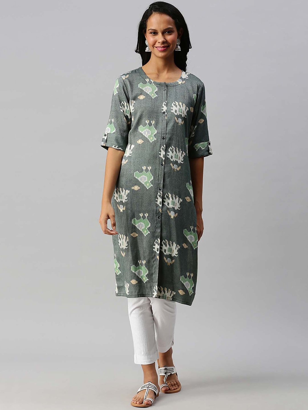 

Soch Women Green Colourblocked Mirror Work Anarkali Kurta