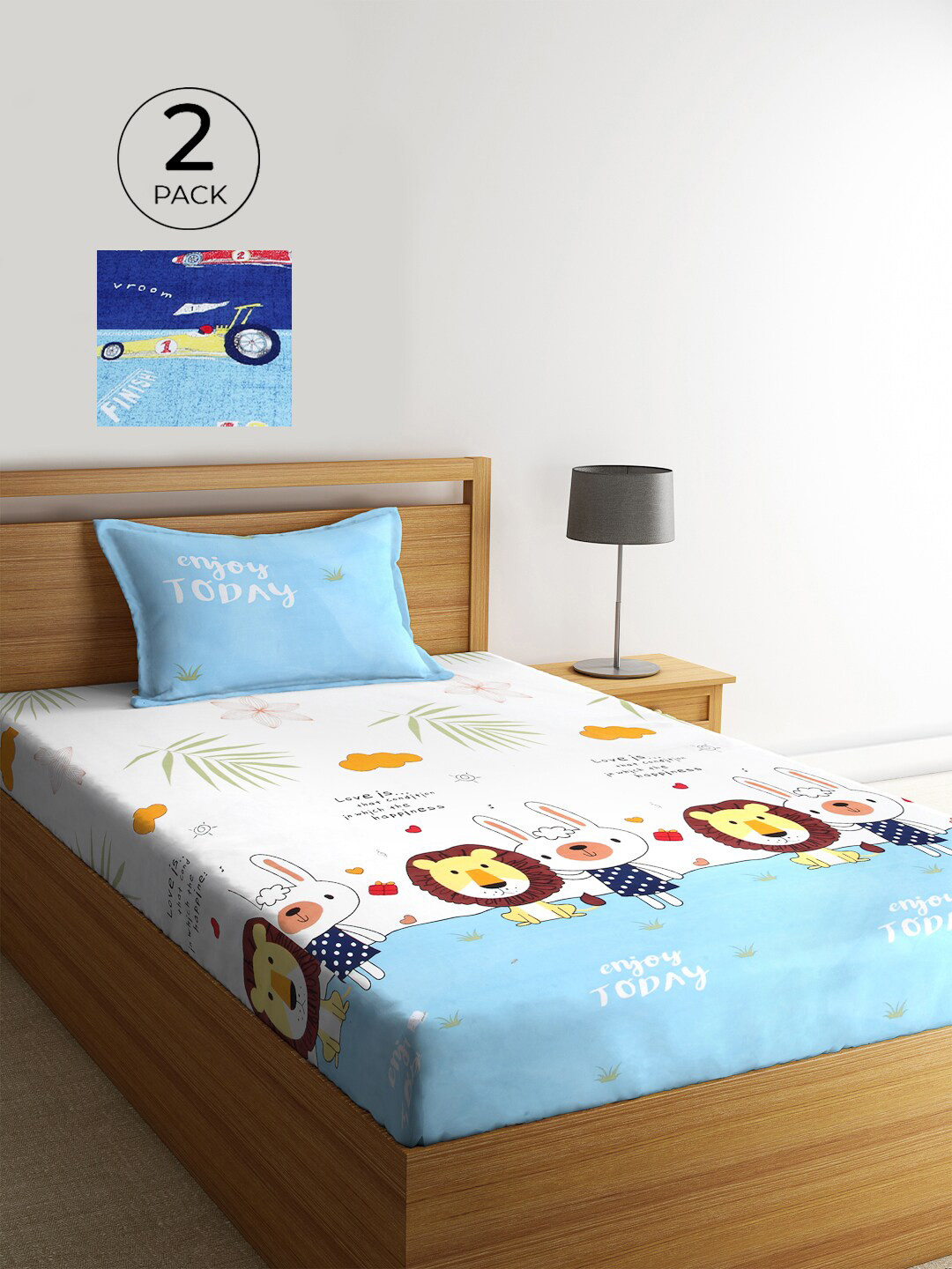 

KLOTTHE White & Turquoise Blue Graphic 210 TC Polycotton 2 Single Bedsheet with 2 Pillow Covers