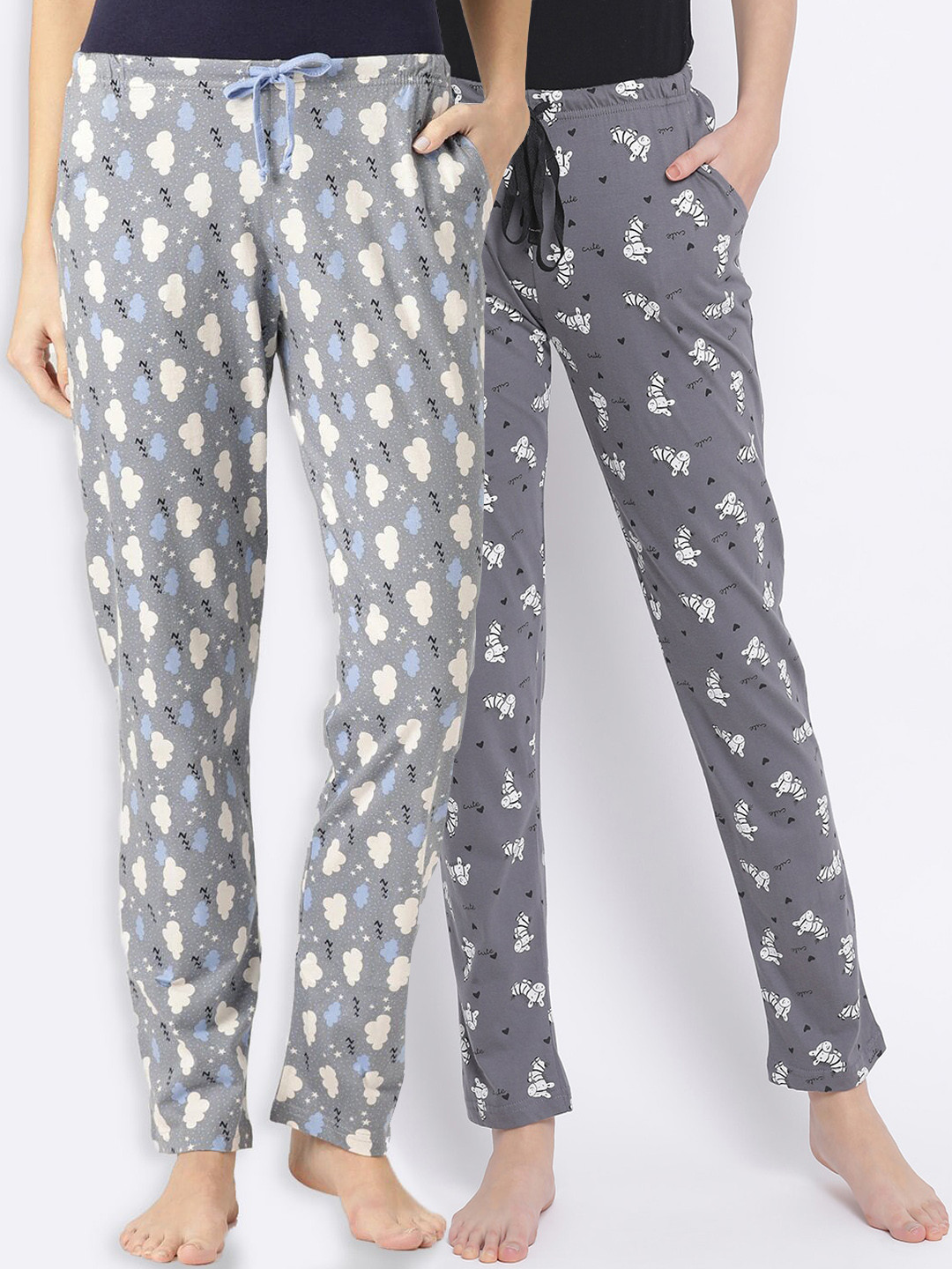 

Kanvin Women Pack Of 2 Printed Pure Cotton Lounge Pants, Grey