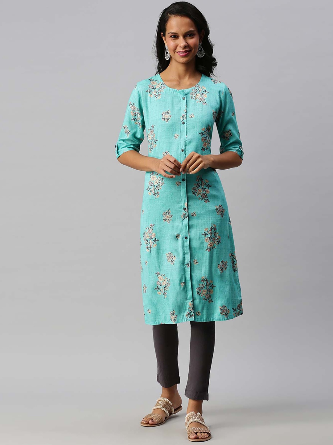 

Soch Women Turquoise Blue & Grey Floral Printed Floral Cotton Kurta