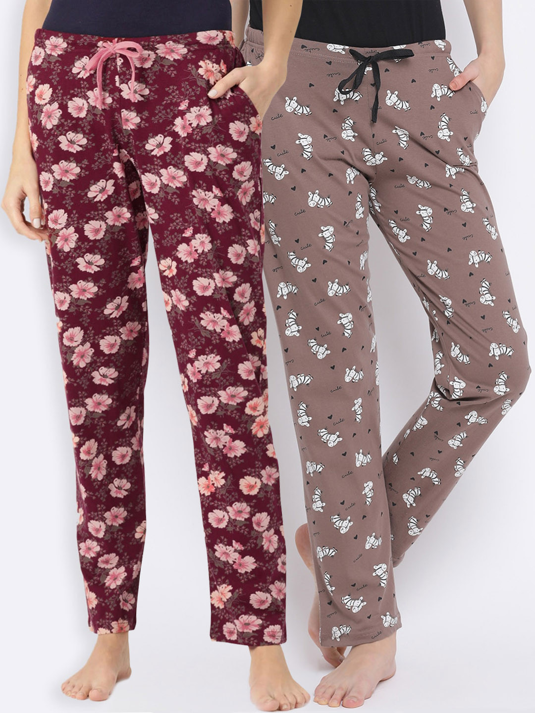 

Kanvin Women Pack Of 2 Printed Pure Cotton Lounge Pants, Taupe
