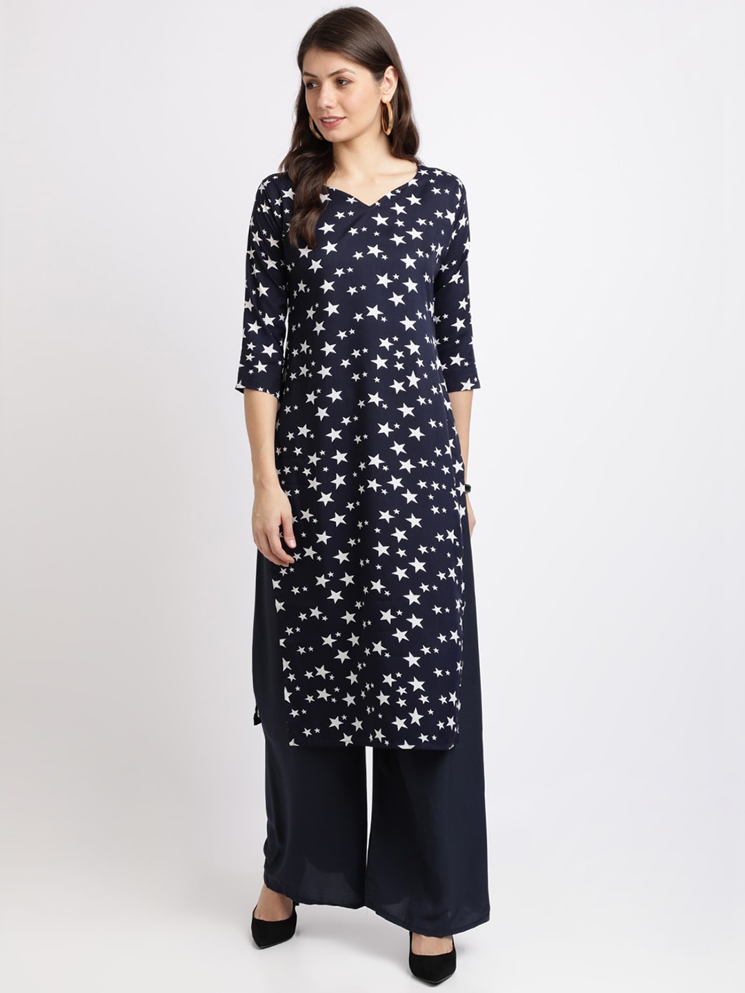 

Florence Women Navy Blue Geometric Printed Flared Sleeves Crepe Kurta