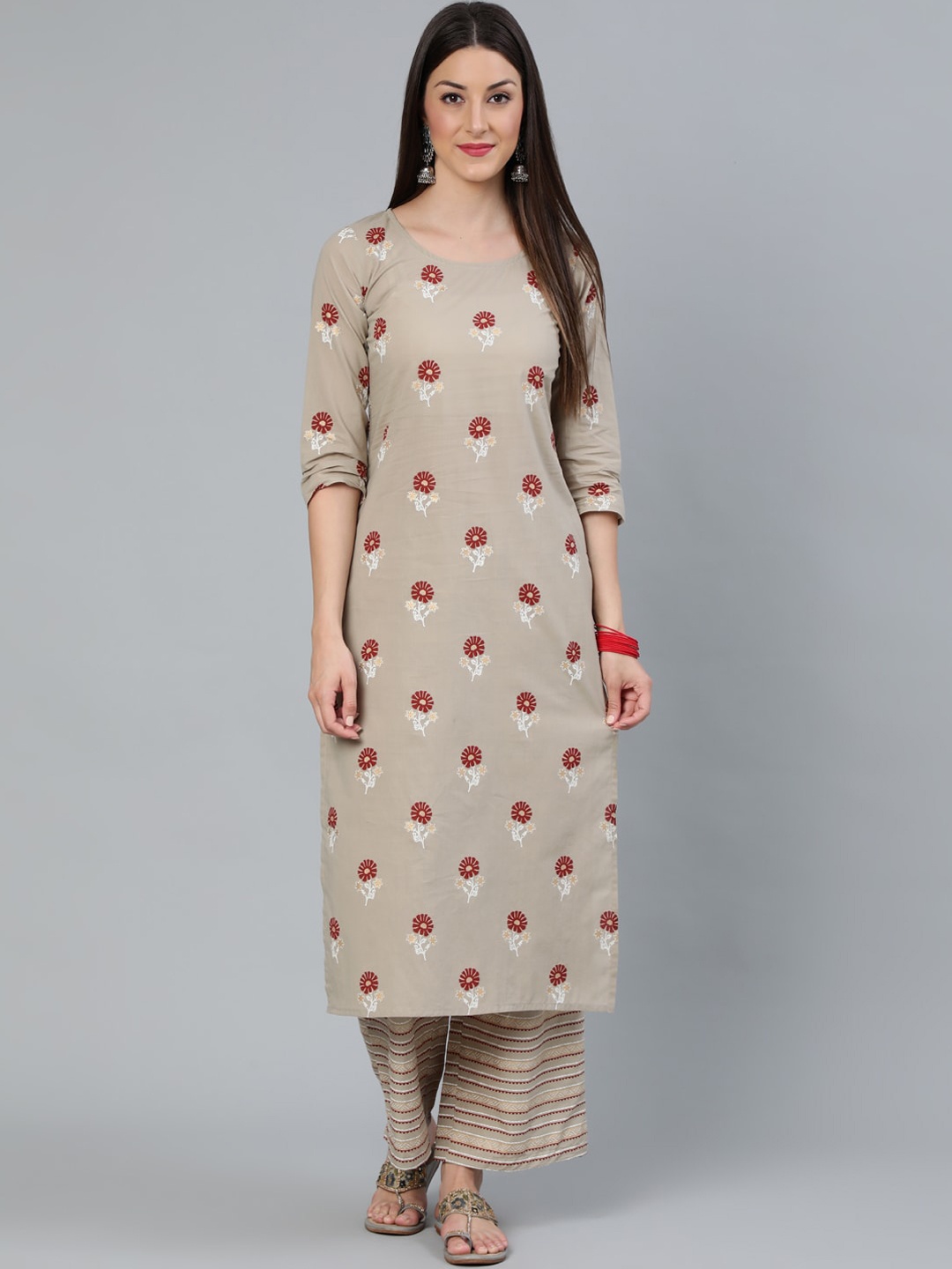 

Nayo Women Beige & Maroon Floral Print Straight Pure Cotton Kurta & Trousers