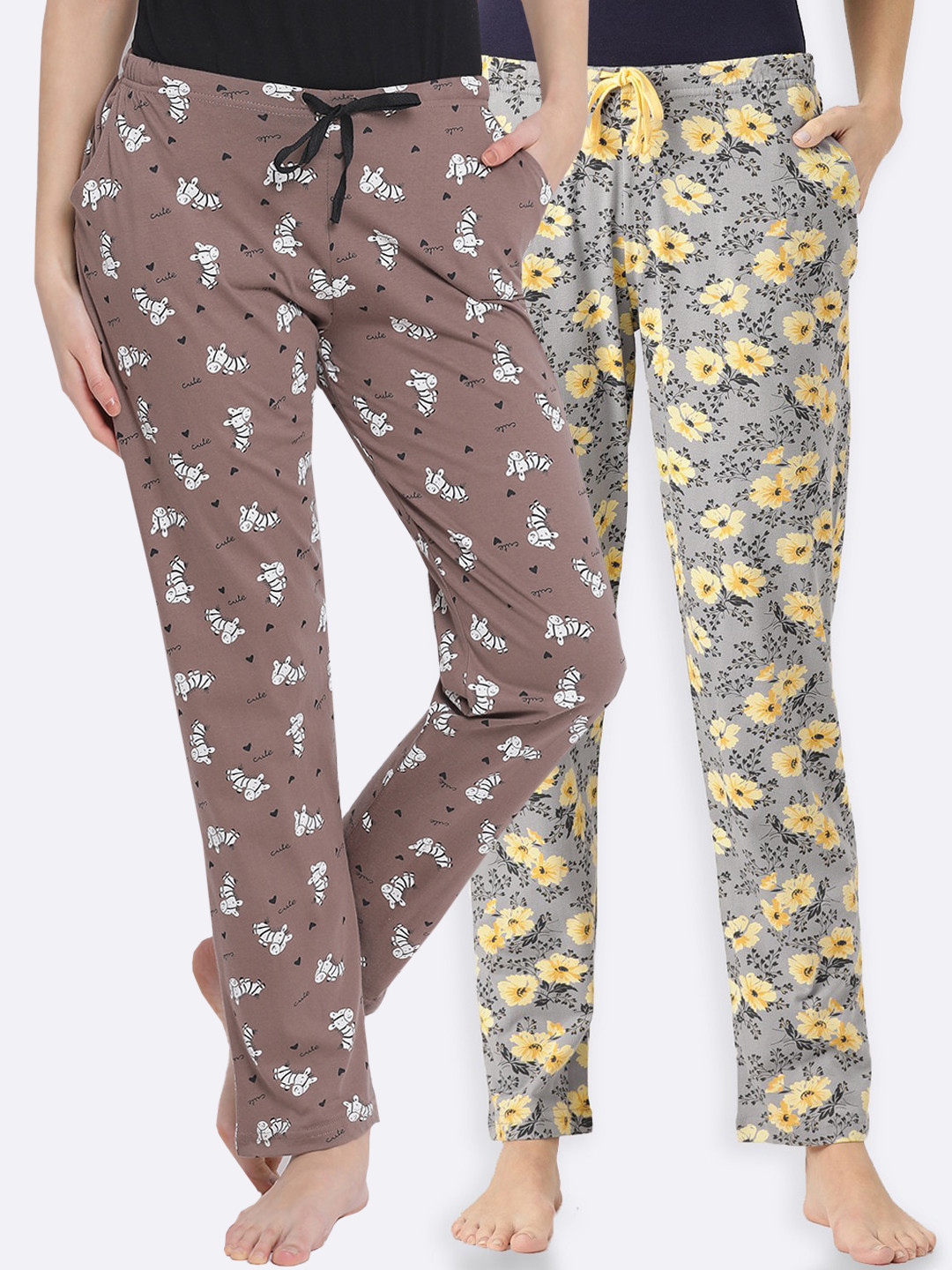 

Kanvin Women Pack Of 2 Printed Pure Cotton Lounge Pants, Brown