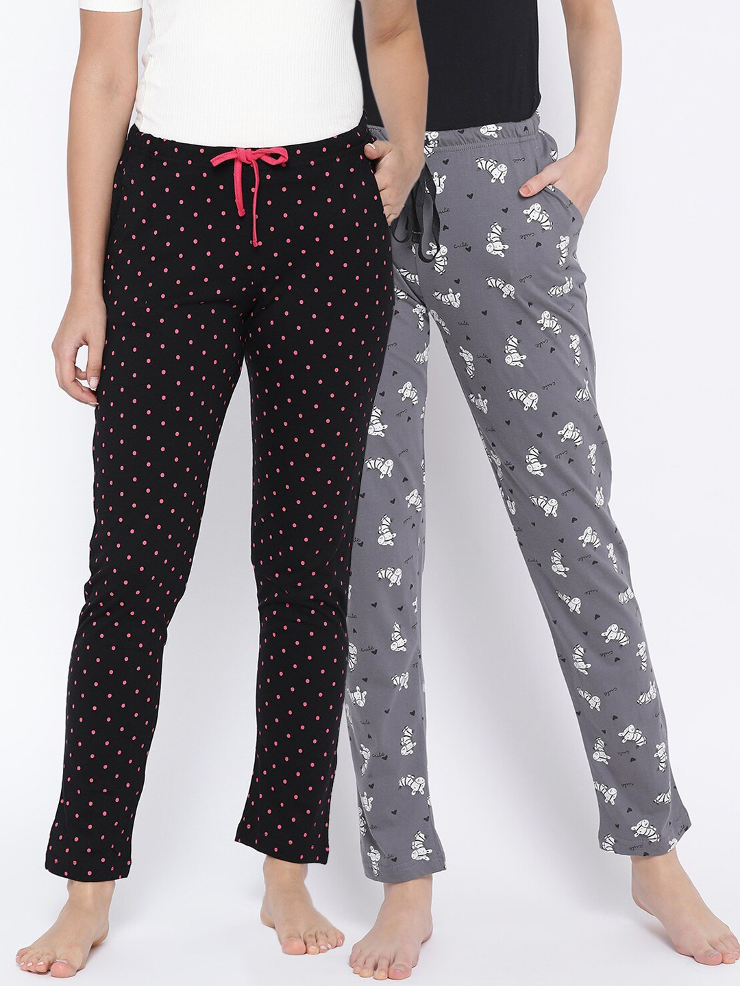 

Kanvin Women Pack Of 2 Printed Pure Cotton Lounge Pants, Grey