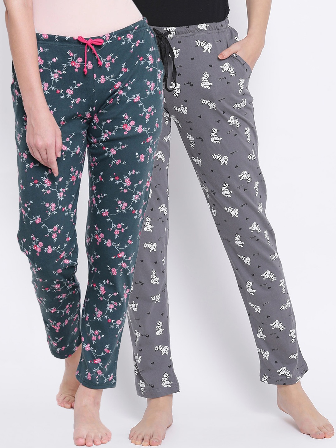 

Kanvin Women Pack Of 2 Printed Pure Cotton Lounge Pants, Grey