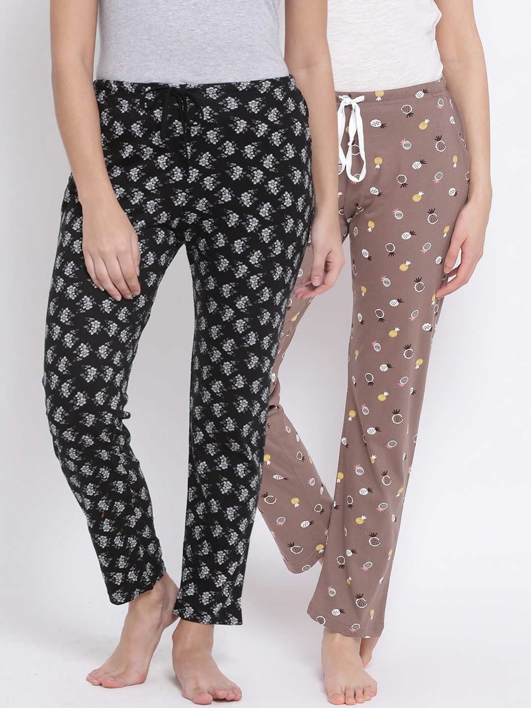 

Kanvin Women Pack Of 2 Printed Pure Cotton Lounge Pants, Brown