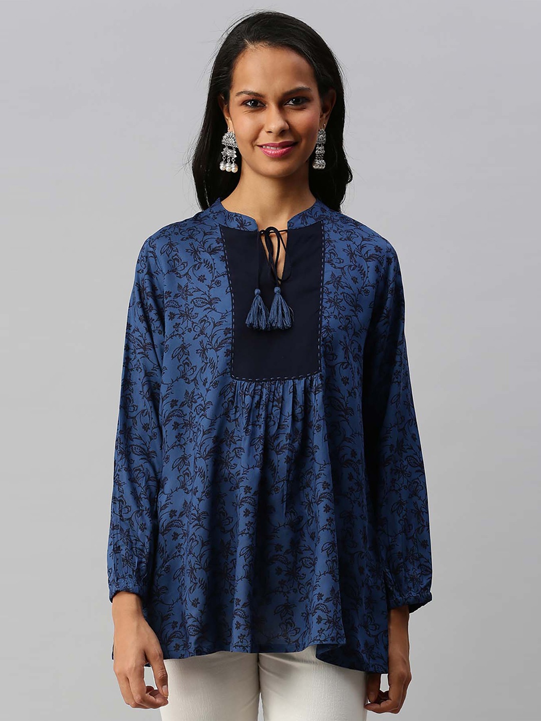 

Soch Women Blue & Black Mandarin Collar Printed Tunic