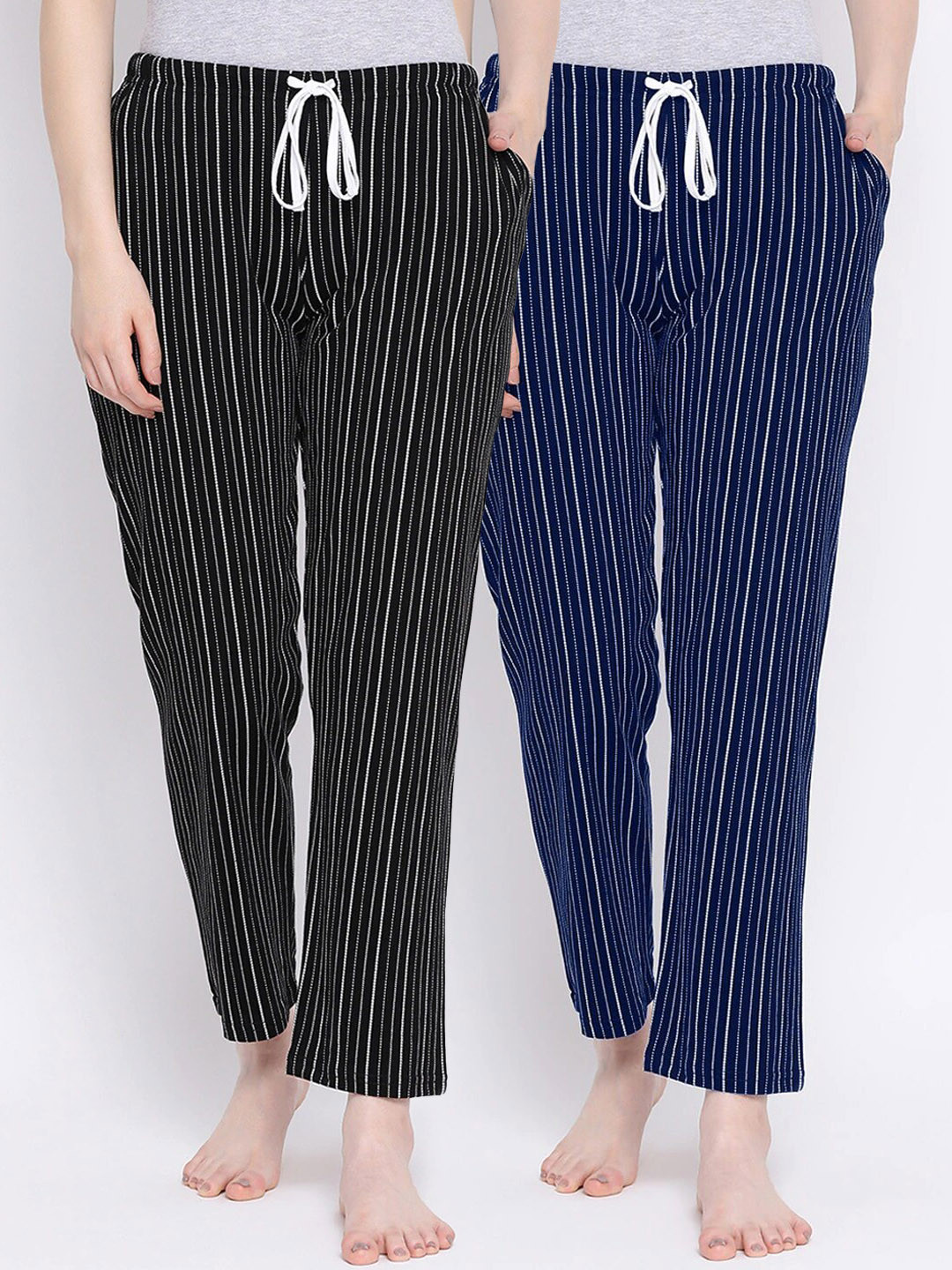 

Kanvin Women Pack of 2 Striped Pure Cotton Lounge Pants, Navy blue