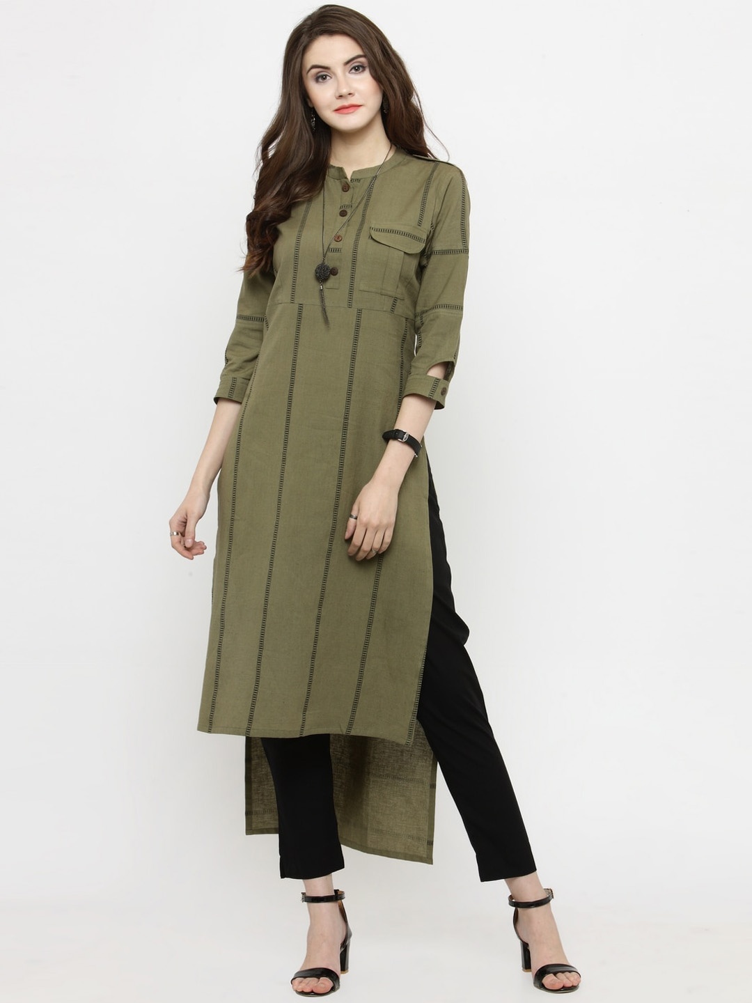 

Varanga Women Olive Green Embroidered Layered A-Line Keyhole Neck Kurti & Trousers