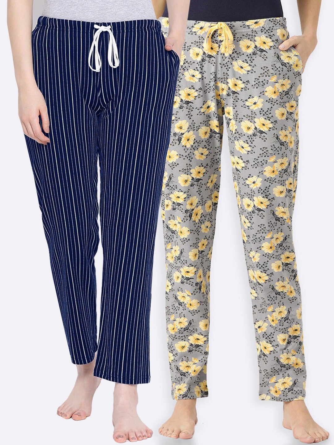 

Kanvin Women Pack Of 2 Printed Pure Cotton Lounge Pants, Navy blue