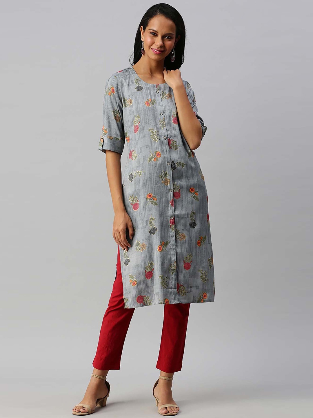 Soch Women Grey Floral Printed Kurta