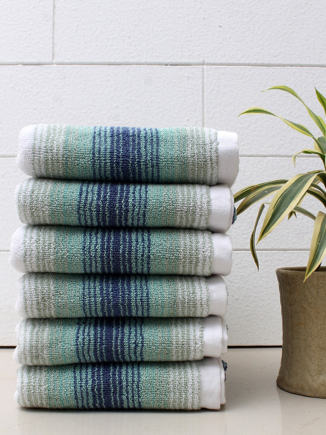 

AVI Living Set Of 6 Sea Green & White Classic Stripes 600 GSM Cotton Hand Towels