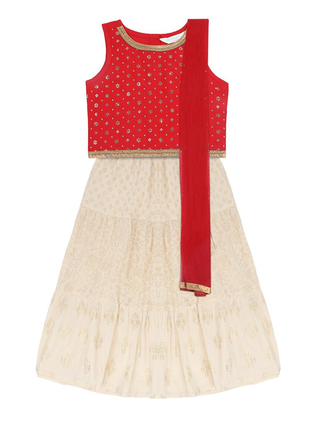 

AKKRITI BY PANTALOONS Girls Red & Off-White Embroidered Ready to Wear Lehenga & Blouse with Dupatta