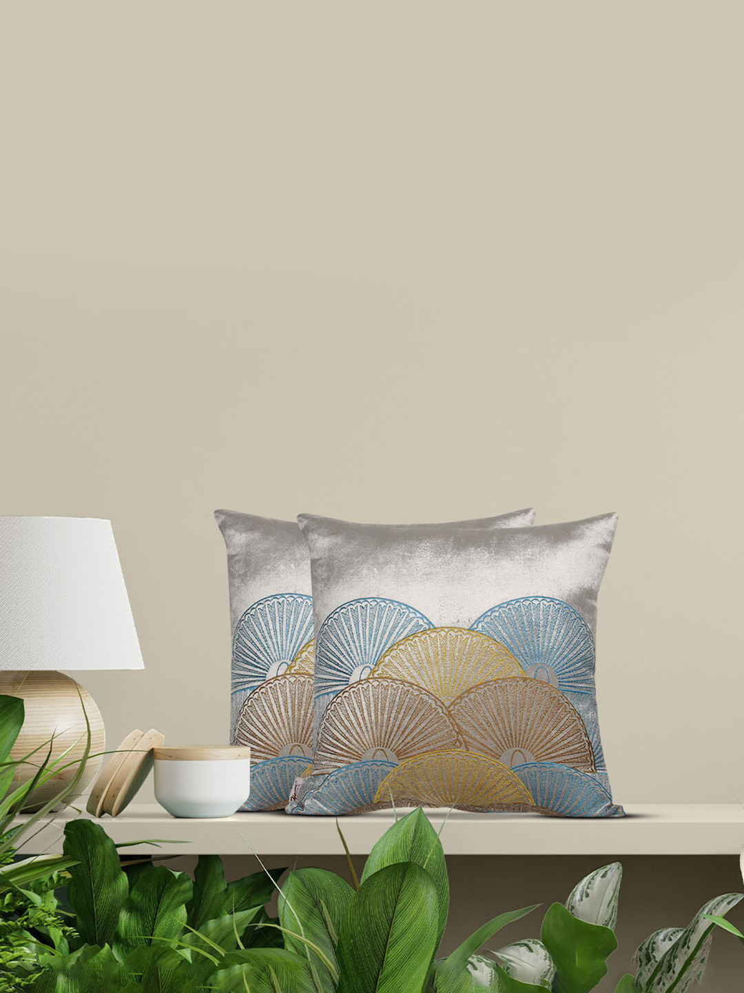 

Home Grey & Blue Set of 2 Embroidered Square Cushion Covers