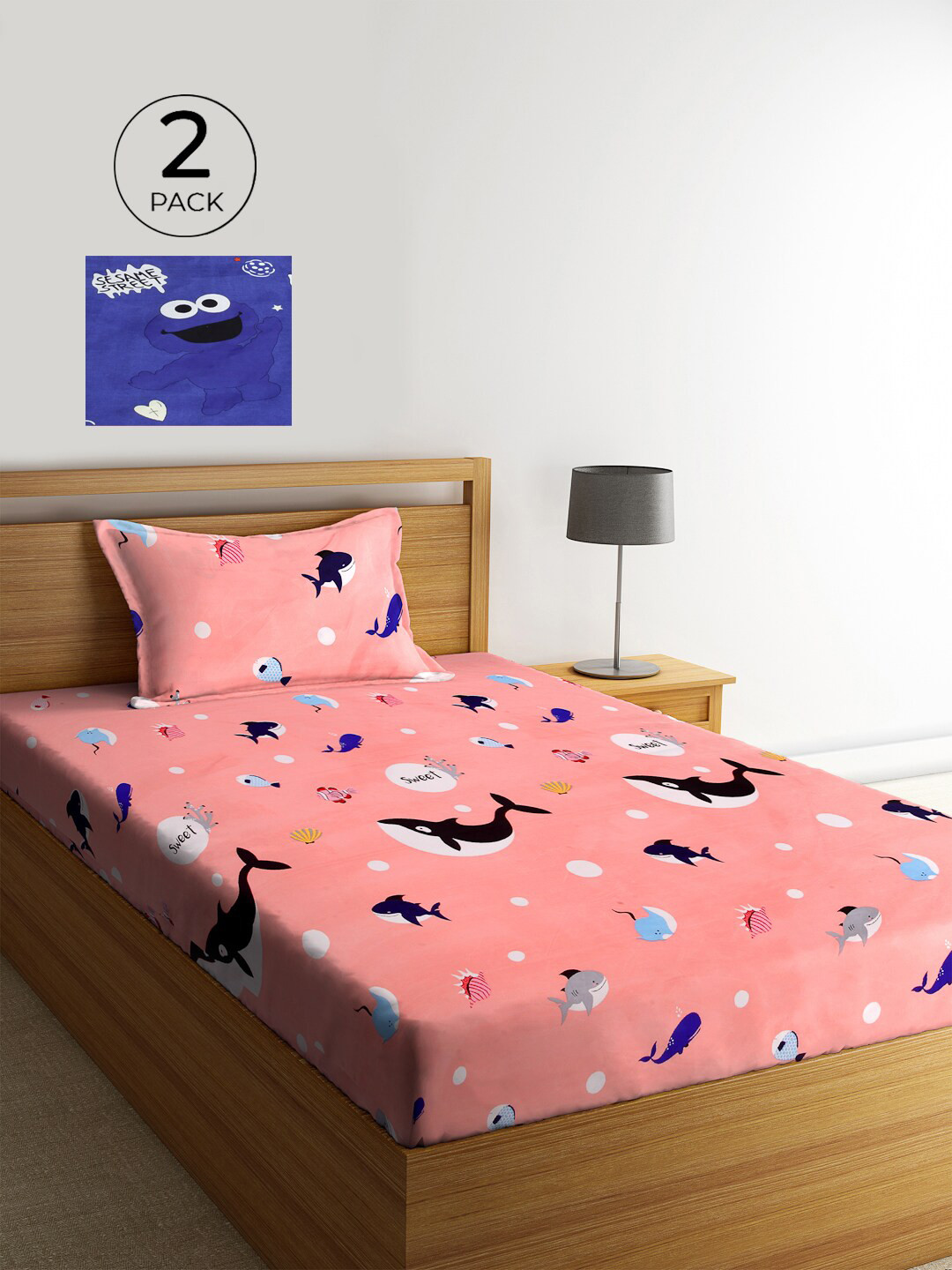 

KLOTTHE Blue & Peach-Coloured Graphic 210 TC Polycotton 2 Single Bedsheet with 2 Pillow Covers