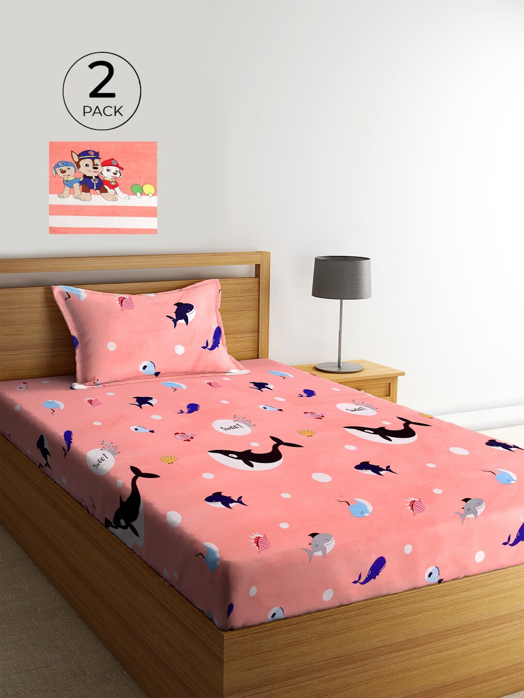 

KLOTTHE Peach-Coloured & White Graphic 210 TC Polycotton 2 Single Bedsheet with 2 Pillow Covers