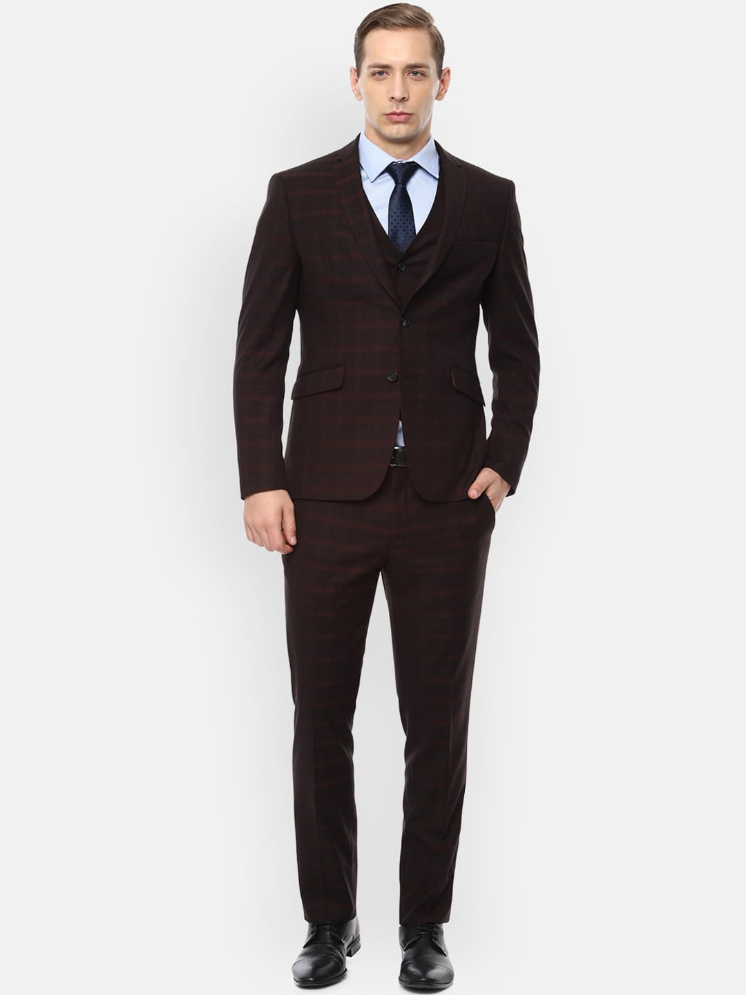 

V Dot Men Brown Checked Slim-Fit Single-Breasted Three-Piece Formal Suit