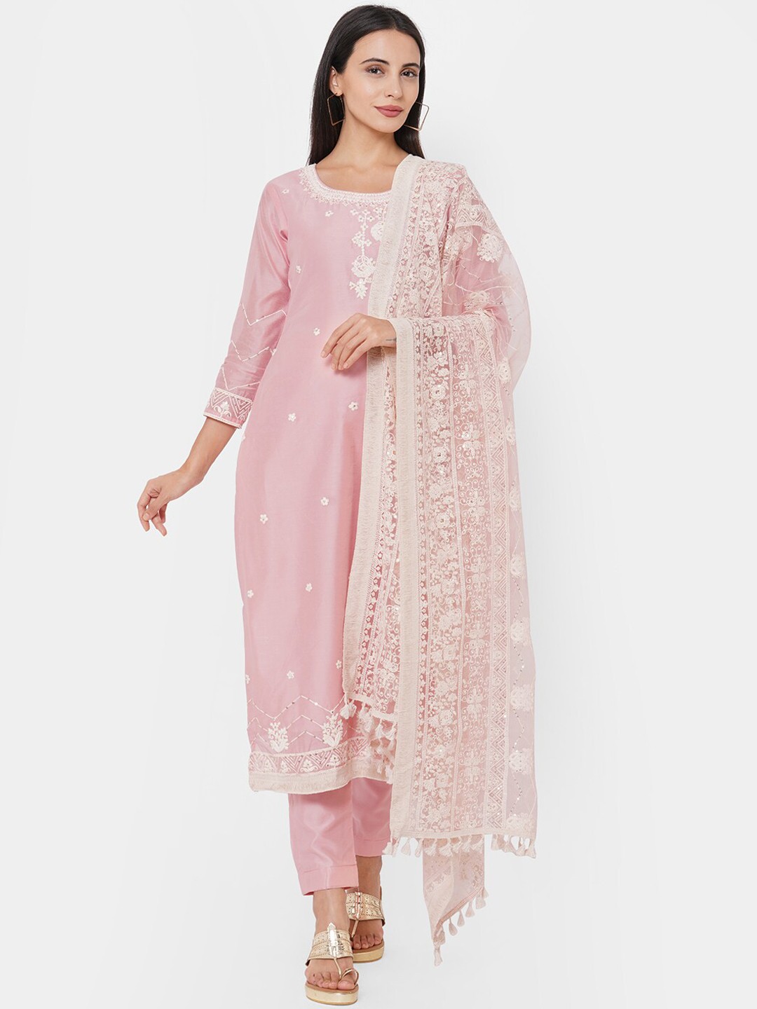 

FASHOR Women Pink & Off White Embroidered Regular Straight Chanderi Silk Kurta Set